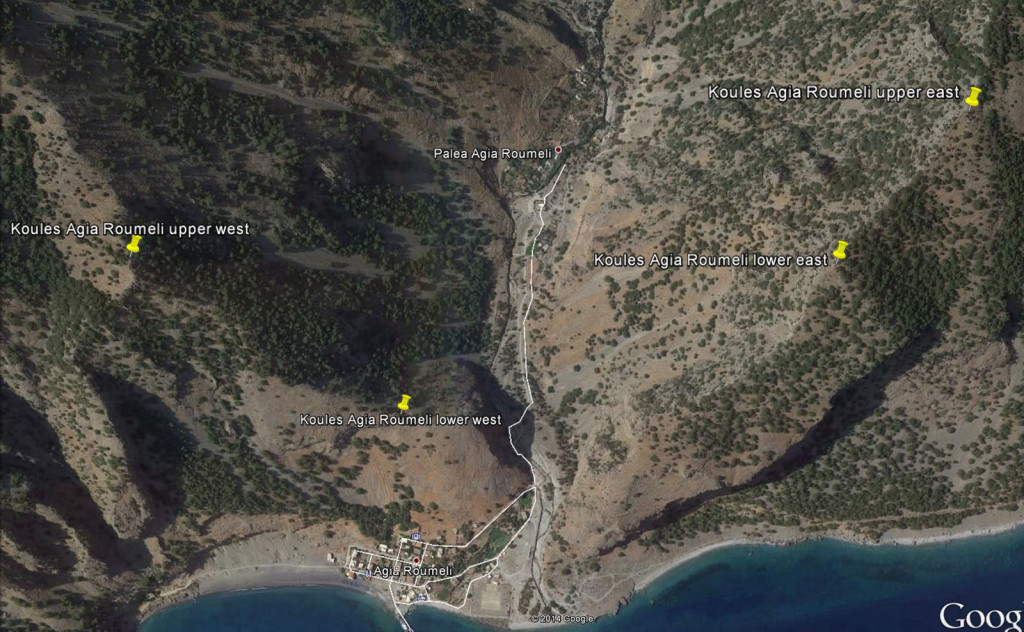 Satellite view of the location of the four forts and the entrance to the Samaria gorge